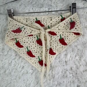 Crochet Chili Pepper Hair Scarf Bandana OS Cream Red Boho Cottagecore Hippie